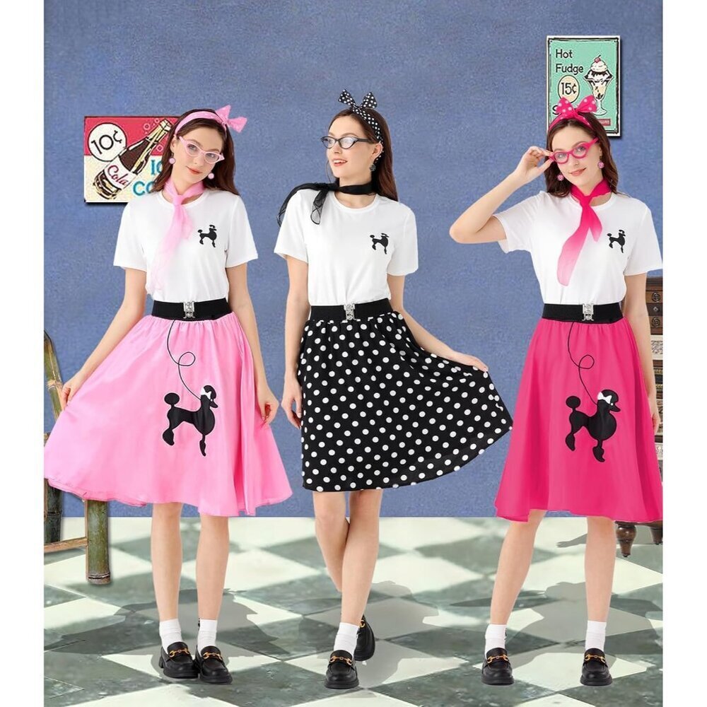 Women 10Pcs 1950s Poodle Skirt Outfit Set Retro Sock Hop Vintage Style - Picture 6 of 6